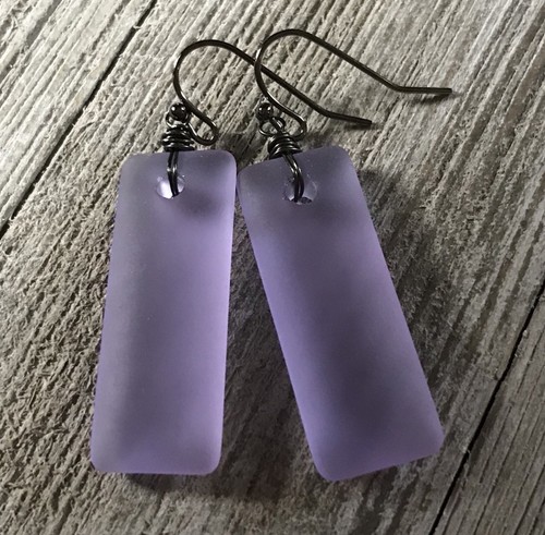 Min Favorit Lavender Sea Glass Rectangle Drop & Gunmetal Artisan Earrings