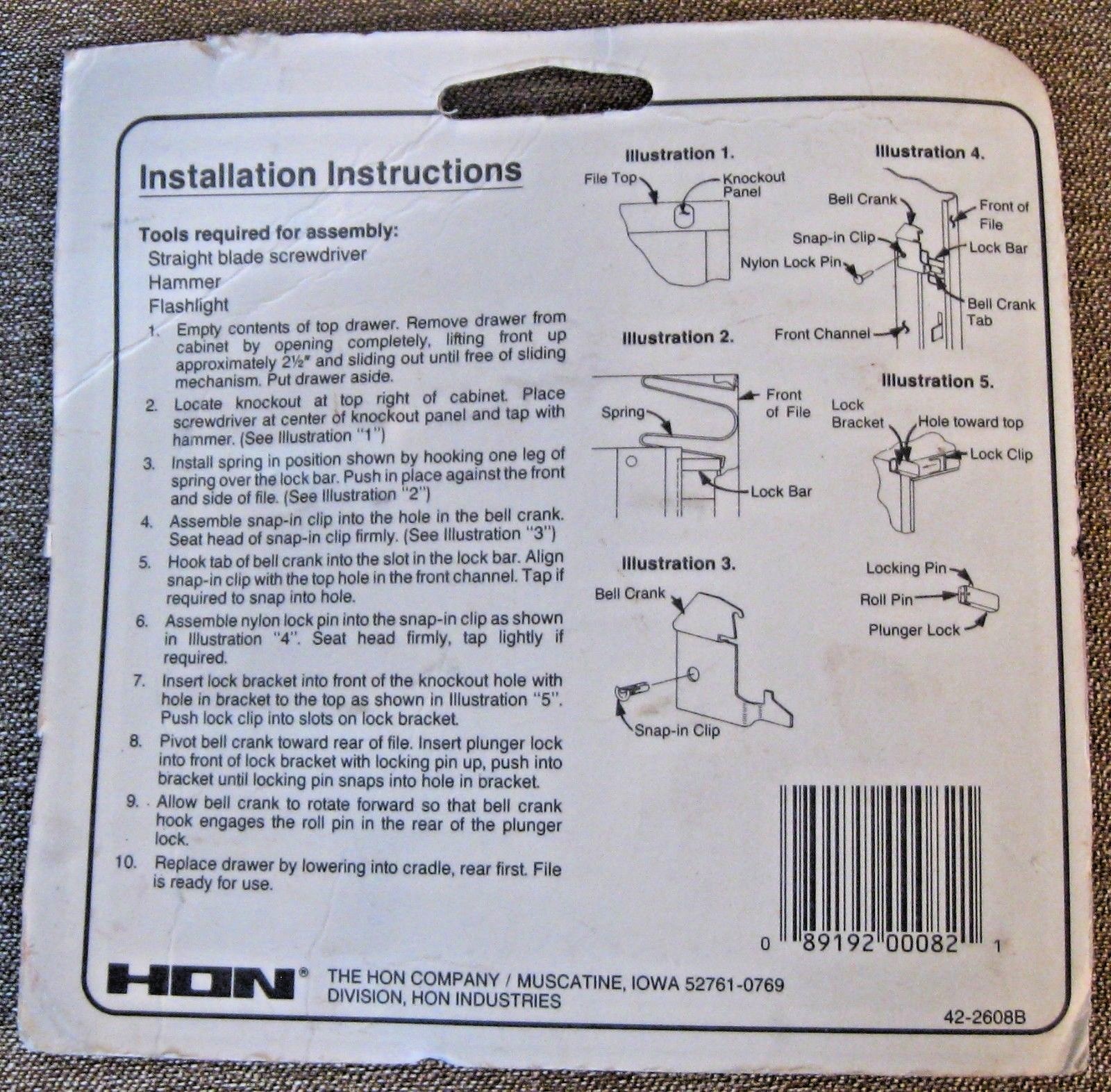 F-26 FILE CABINET LOCK KIT THE HON COMPANY ORIGINAL EQUIPMENT MUSCATINE IOWA USA