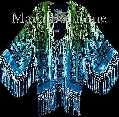 Pre-owned Maya Matazaro Art To Wear Devore Velvet Kimono Jacket Hand Dyed Green Turquoise