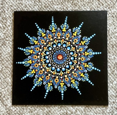 Original Art  Blue Star Dot Mandala  Acrylic On Canvas Board 10 x10  Unframed