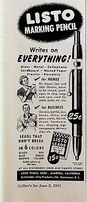 1951 Listo Marking Mechanical Pencil Vintage 1950s Print Ad Lead in 6 Colors 15¢