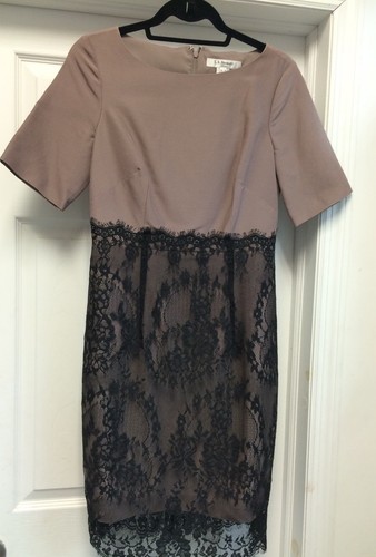 NWT LK Bennett Beige Lace Black Sheath Knee Short Sleeves