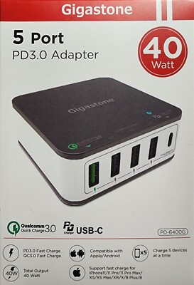 Gigastone 40W 5-Port Qualcomm 3.0 USB-A, PD 3.0 USB-C Wall Charger