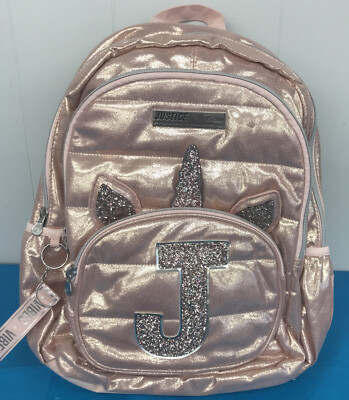Justice Initial J Backpack. Shiny Pink with Unicorn Decor. 3 Compartment. NWT.