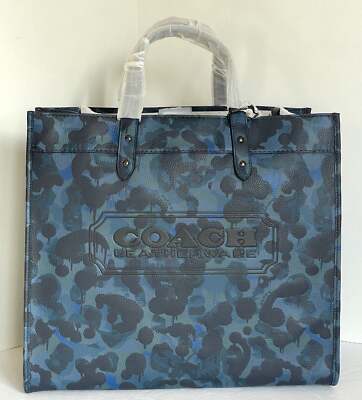 Pre-owned Coach Field Tote 40 Leather Blue Camo Print Crossbody C5308 Logo Org Pkg