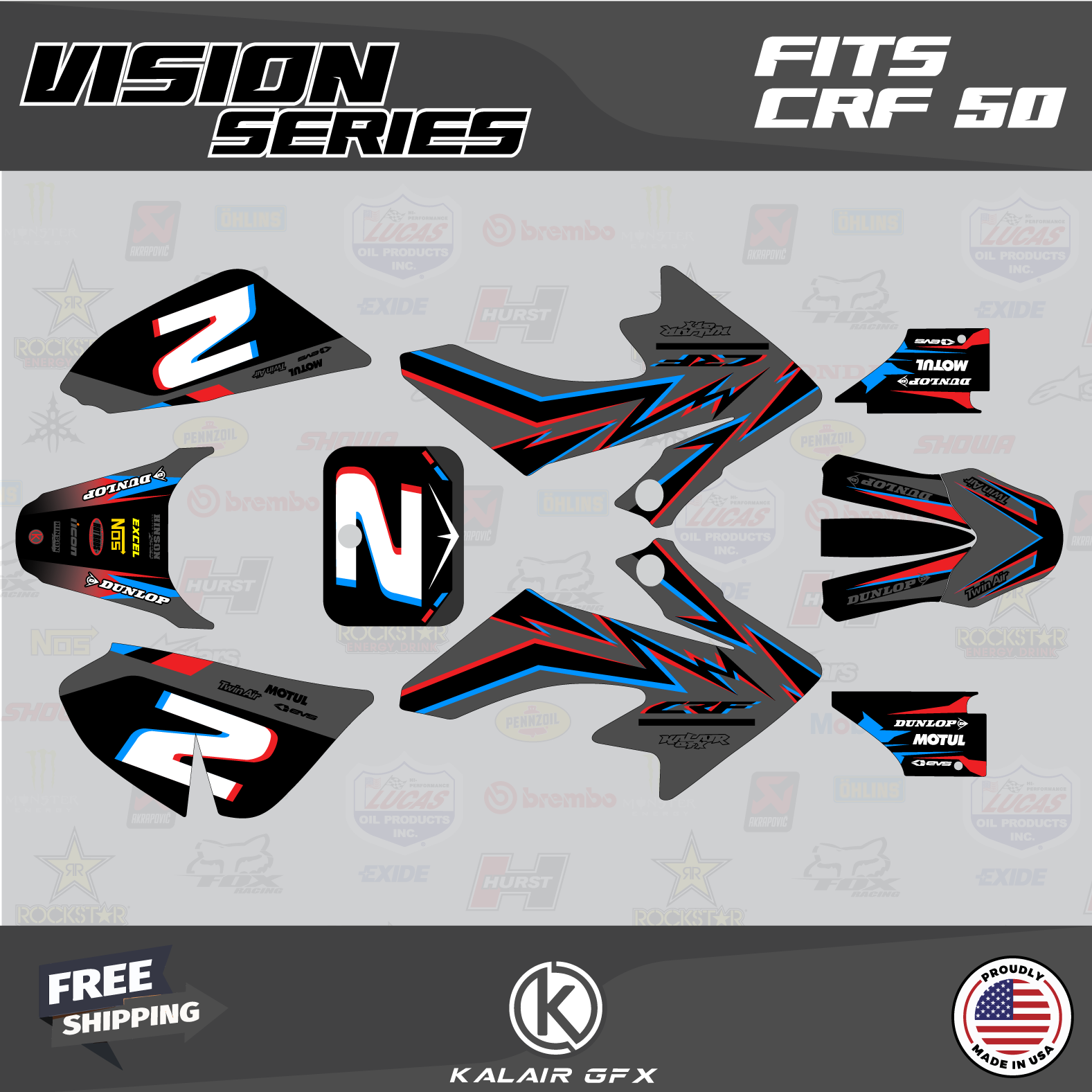 Graphics Kit for Honda CRF50 (2004-2012) or (2013+) Vizion - black