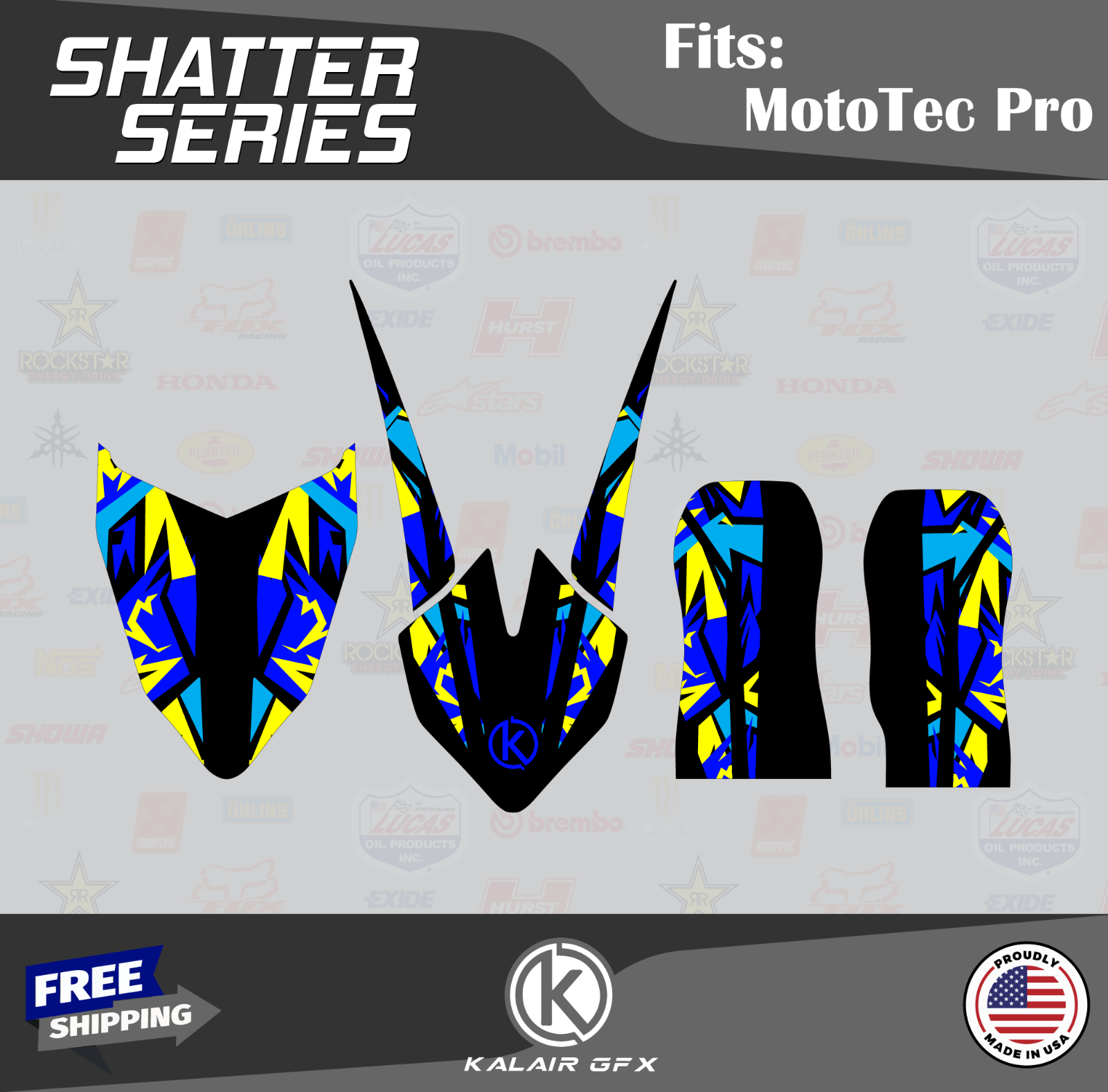 Graphics Kit for MotoTec 36V and 48V Pro Electric Dirt Bike Shatter - Blue