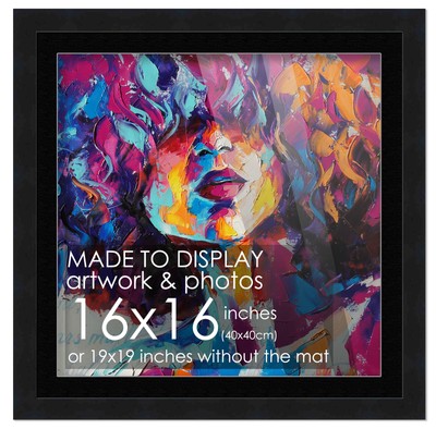 16x16 Frame Black Matted for 16x16 Picture or 19x19 Art Poster Without Photo Mat