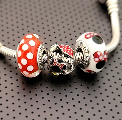 SET OF 3 PANDORA DISNEY MINNIE MOUSE BODY PARTS+ 2 MINNIE MOUSE MURANO CHARMS