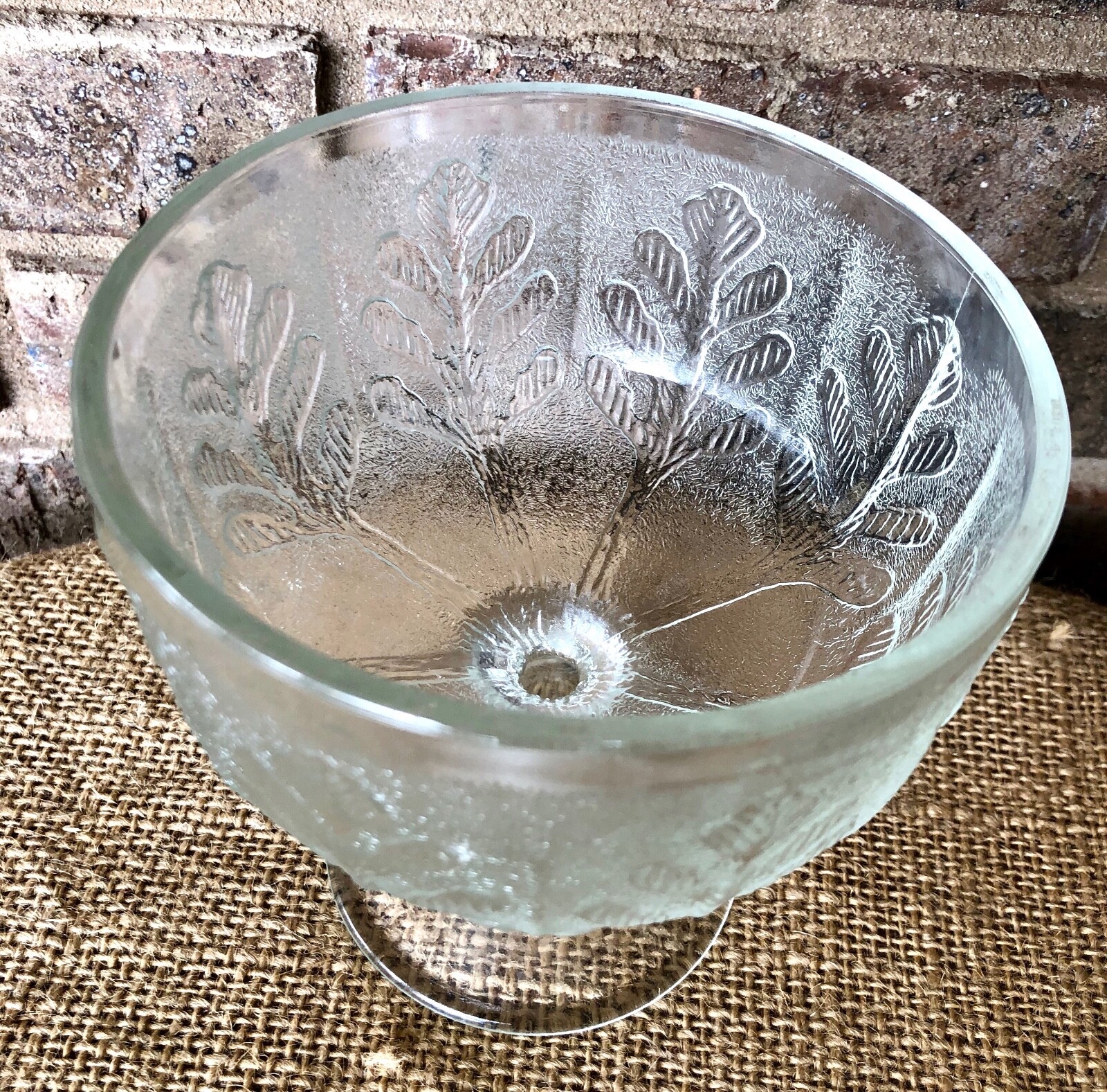 Vintage 1978 FTD Frosted Glass Oak Leaf Vase Planter Candy Dish Compote 6