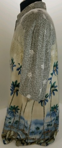 Hawaiian Mens XL ISLAND SHORES Beige Button Front Shirt Camp Palm Tree Print