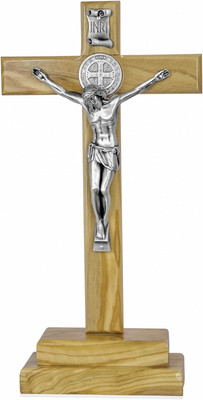 Standing Crucifix Cross 12'' Olive Wood Standing Cross with Holder and St. Benedi