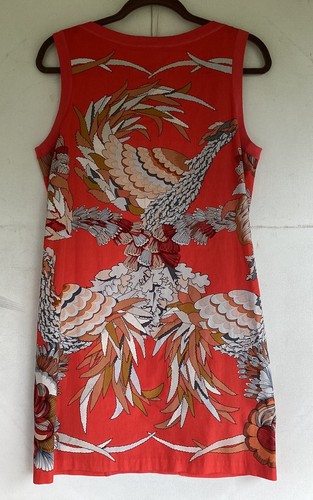HERMES Bird Graphic Print Cotton Orange Red Mini Dress Size