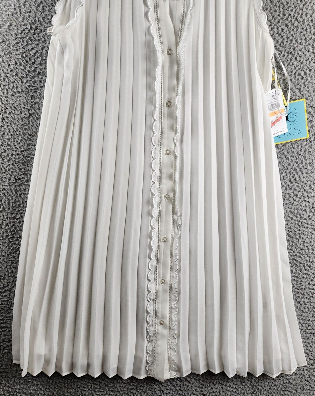CeCe Pleated Scallop-Trim Button-Up Dress Women's S New Ivory Button Closure~ - Picture 4 of 13