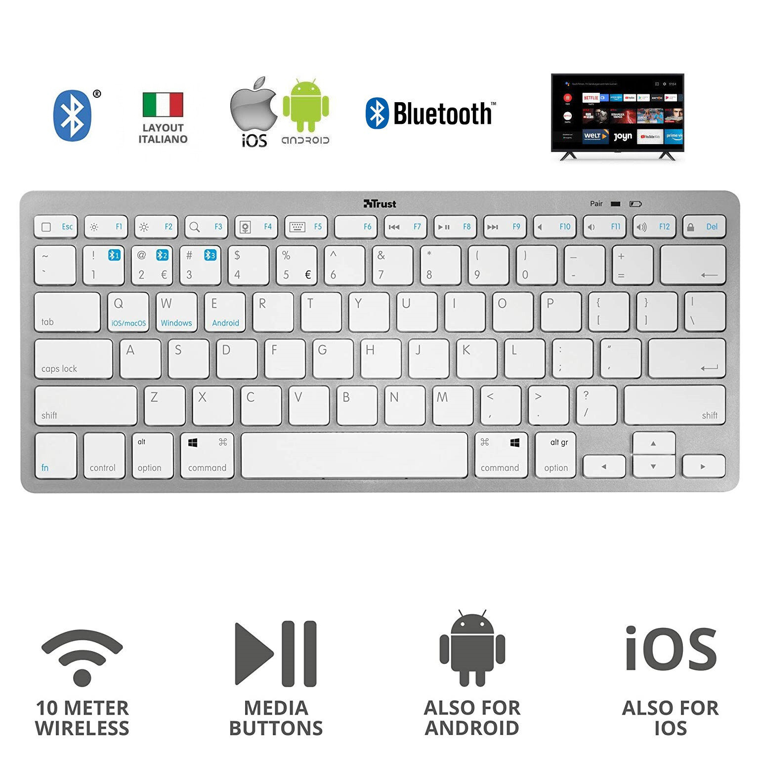 TECKNET Tastiera Wireless Ultra Sottile Italiana - USB 2.4G Per PC, Laptop, Smart TV - 14 Tasti Rapidi, Silenziosa, Grigia - 4