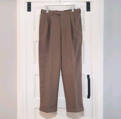Perry Ellis America Mens 33x30 Pleat Front Dress Pant Cuff Straight Leg Brown