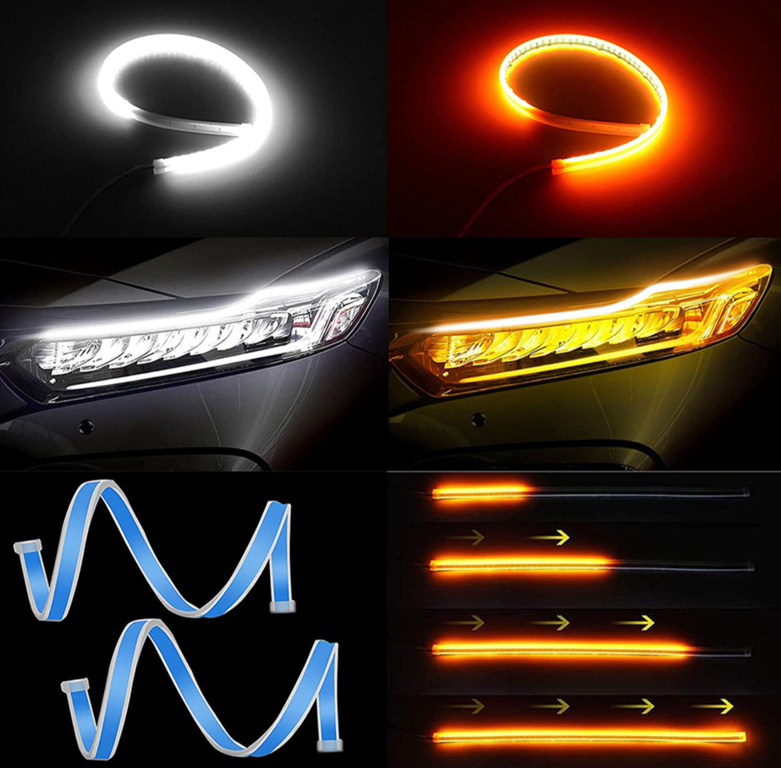 2 x 60CM Slim Amber Sequential Flexible LED DRL Turn Signal Strip For Headlight