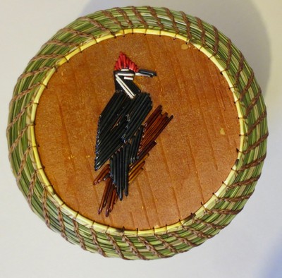 Pileated Woodpecker: Larger round coiled sweetgrass basket-Paul St. John-Mohawk