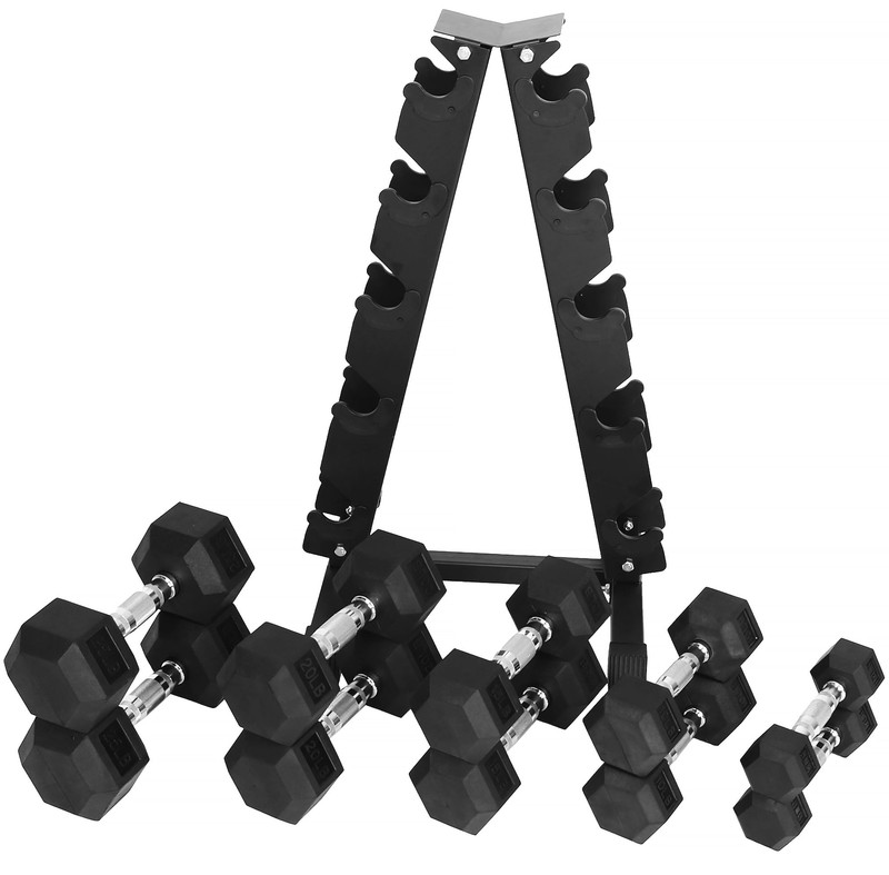 Rubber-Coated Hex Dumbbell Set with A-Frame Rack (Pairs) Weight Fitness Curl