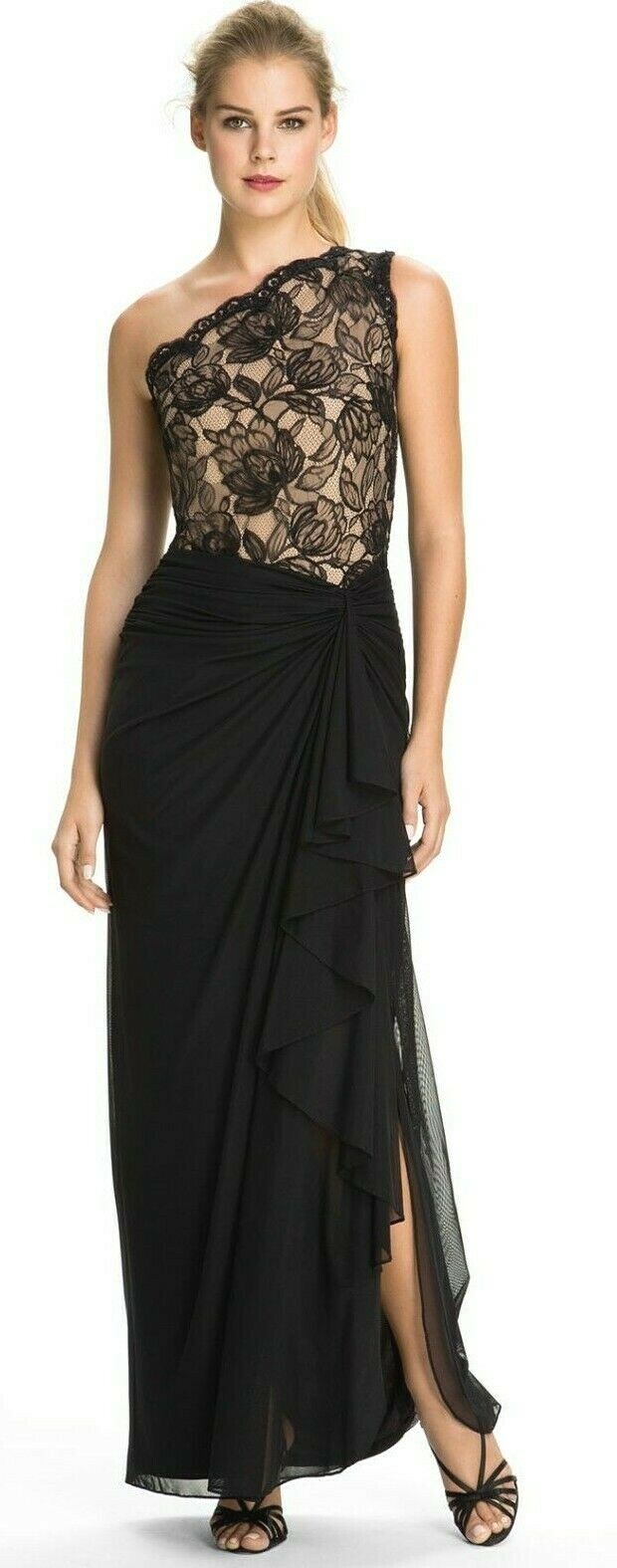 Tadashi Shoji One Shoulder Bloom Lace Black Nude Draped