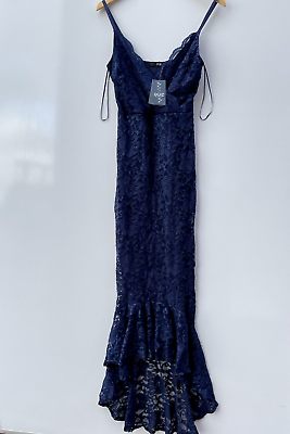 Navy glitter lace high top neck dip hem dress