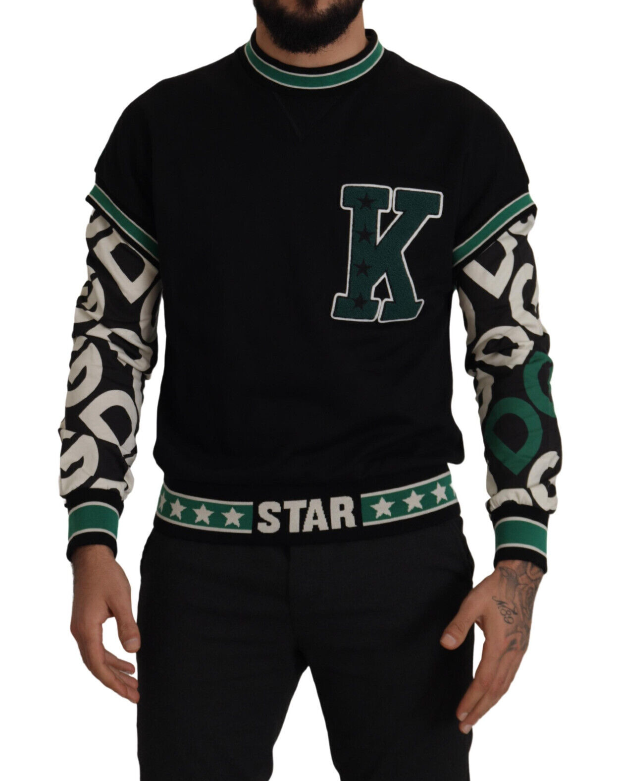 DOLCE & GABBANA Свитер, черный, зеленый, хлопковый, пуловер с круглым вырезом KING Star s. XS