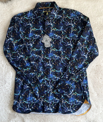 NWT Visconti Black Men's S Small Long-Sleeve Woven Shirt Blue Multi