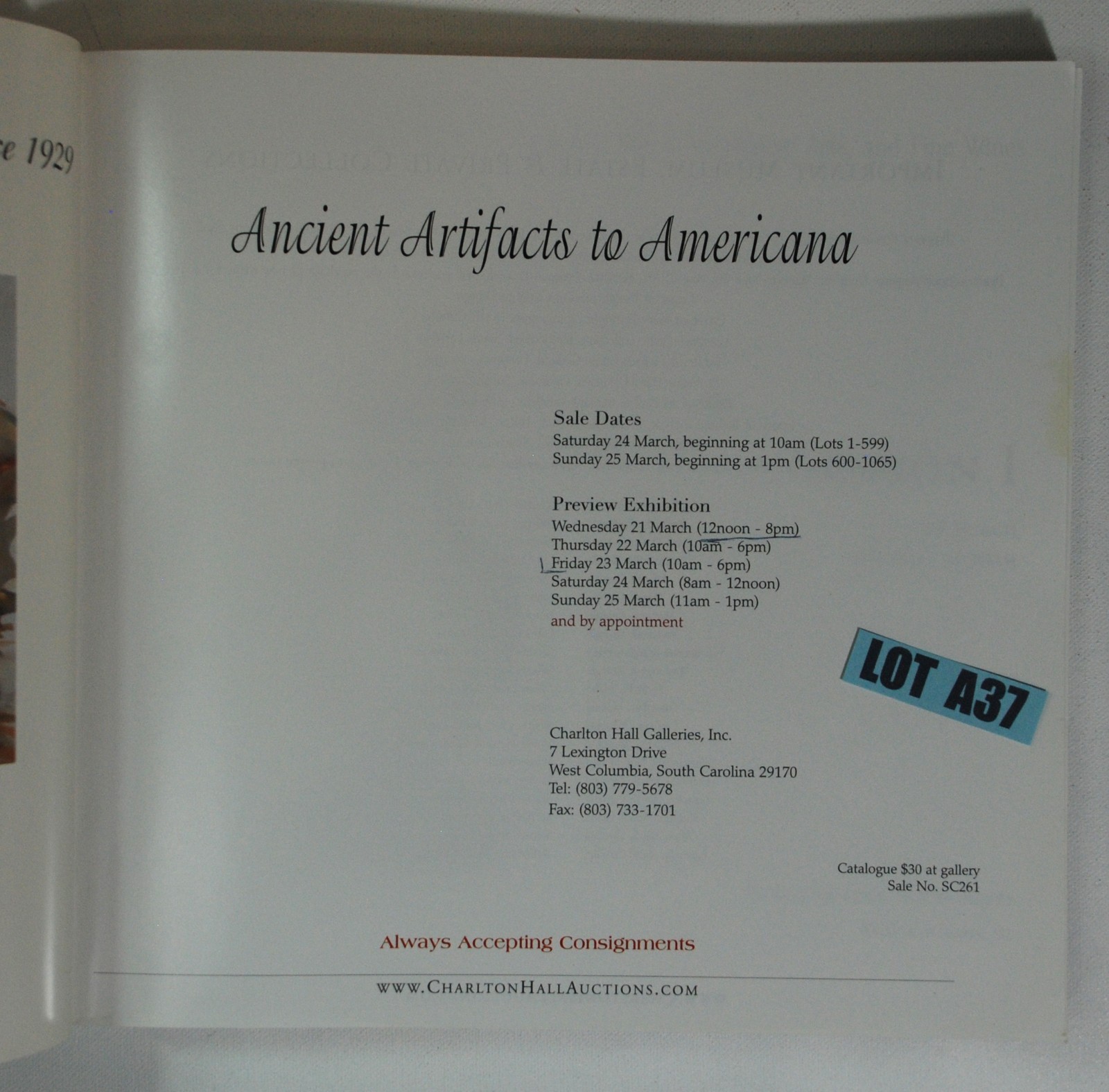Ancient Artifacts To America Charlton Hall Auction Guide 2012 Columbia SC A37