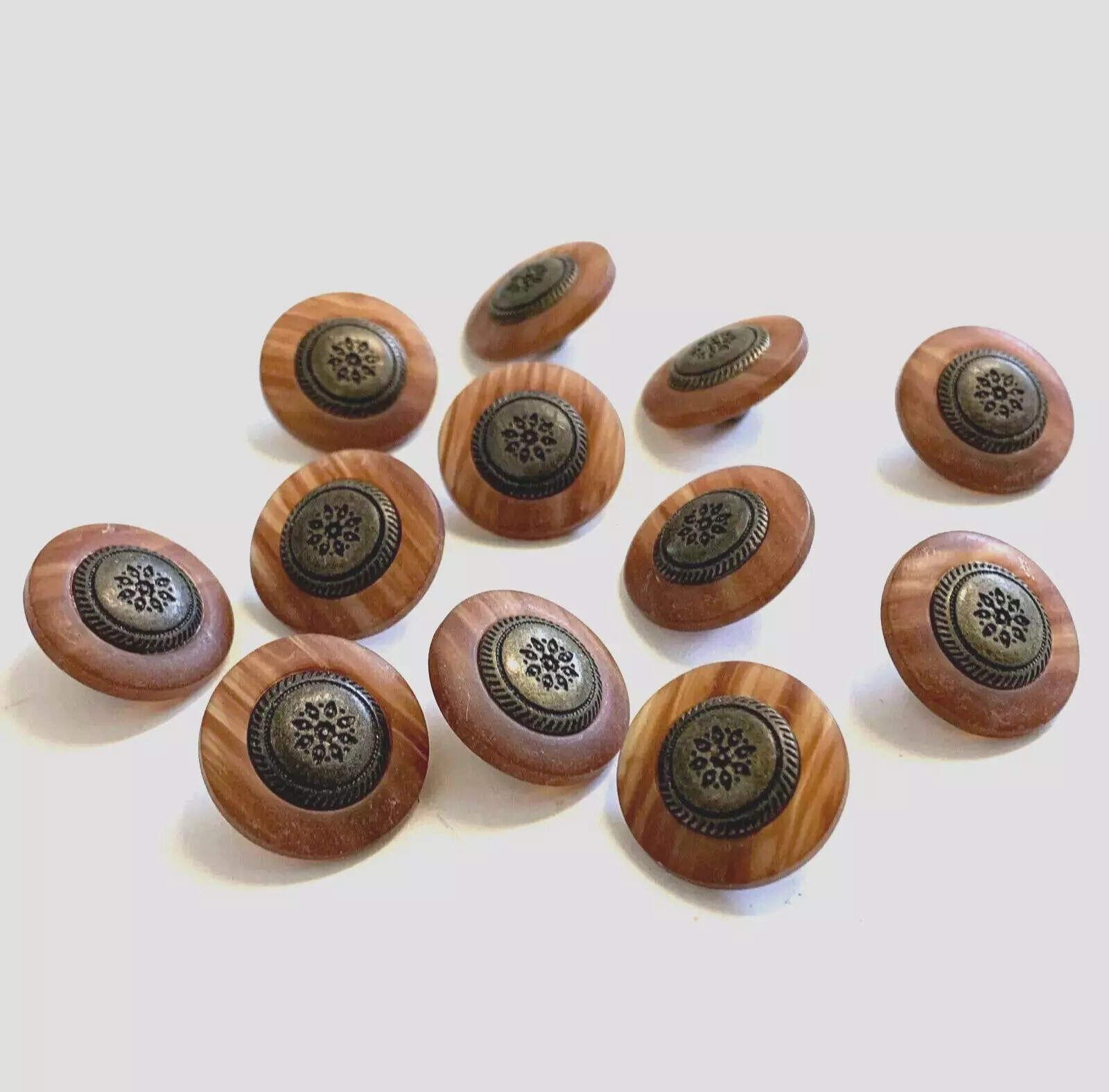 24 Antiqued Brass Tone Metal Brown Plastic Round Buttons Shank Sewing 18 mm #BR1