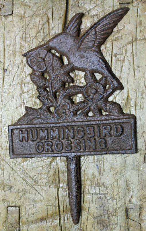Cast Iron HUMMINGBIRD CROSSING Sign Garden Stake Home Decor Pond Plaque 
