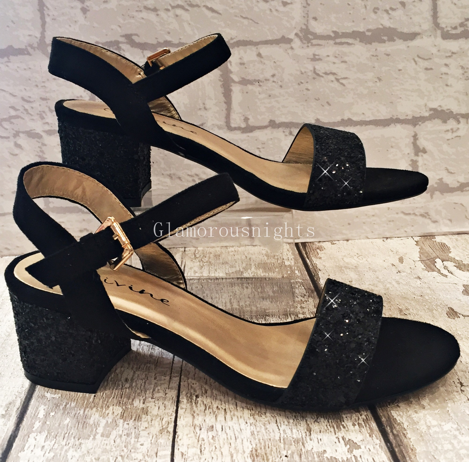 Ladies black Sparkly Glitter Block Heel 