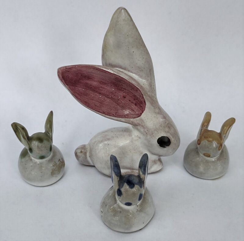 4Pc Pottery Rabbit Bunny 1" & 3" Figurines - Grn/Yell/Blue - Big Ears - Germany