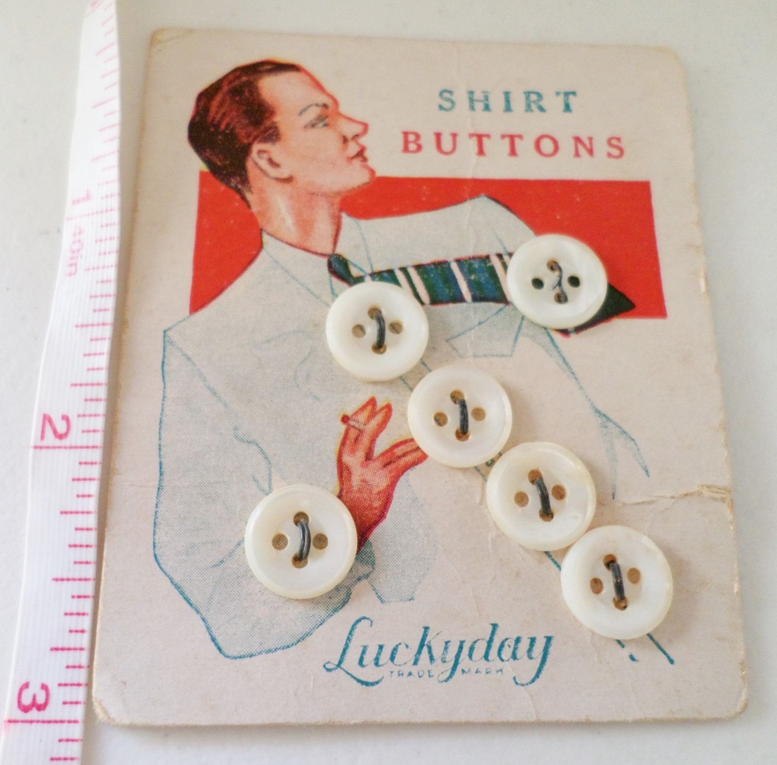 Lucky Day Shirt Buttons on Original Card, 6 White Buttons
