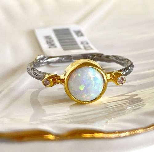 Antiqued Sterling Silver 18K Yellow Gold Opal Ring Size 5.5 - Picture 1 of 9