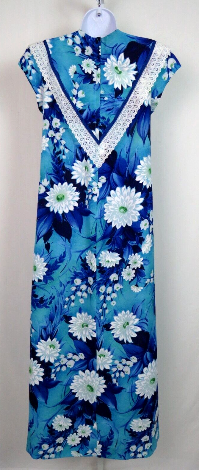 VTG 1960s 70s SEARS HAWAIIAN FASHIONS FLORAL ETHNIC DRESS BLUE WHITE LACE