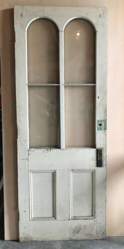 1 Antique Exterior 34x88 VTG Shabby White Double Arched Glass Door Old 1391-22B