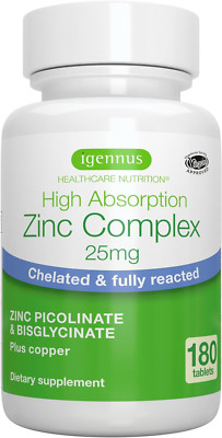 Chelated Zinc Picolinate & Bisglycinate Complex with Copper, 25Mg Zinc, 180 Tabl