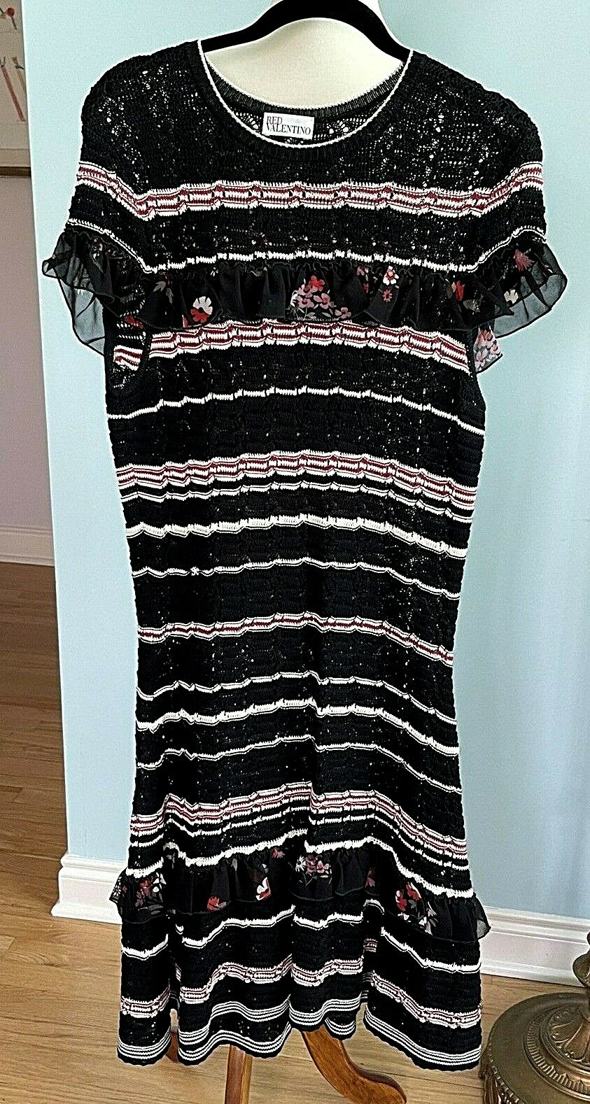 RED VALENTINO Black/Red Knit SS Striped Dress w/ Floral