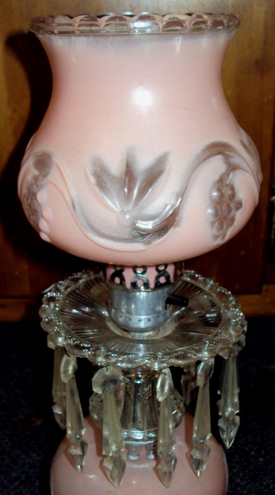 (2) Vintage ROSE Boudoir VICTORIAN Table GLASS LAMPS Ornate PRISMS Crystals PINK