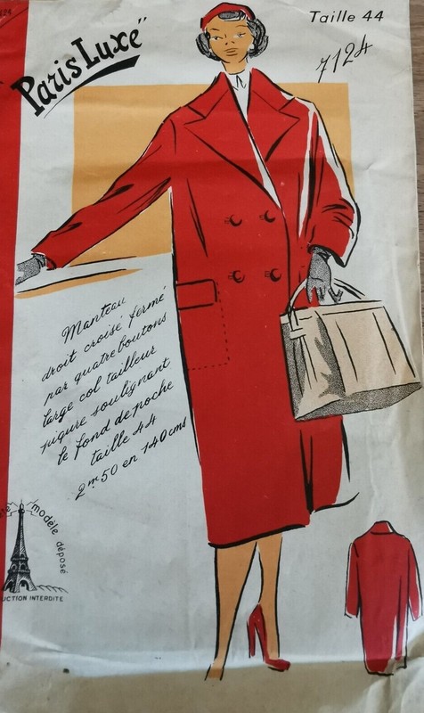 7124 Patron Paris Luxe Vintage French Pattern Manteau Croise Ferme 4 Boutons  44