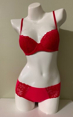 NEW Victoria's Secret PINK Date Push Up Bra 32B 32C & Panty S Set Red