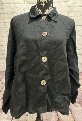 WHAT S UP Women s Black 100% Linen Decorative Buttons Up LS Collared Jacket L