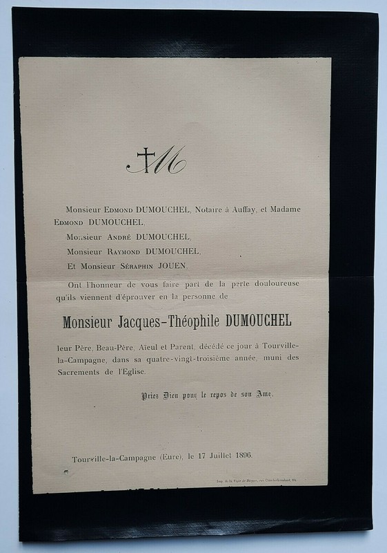 Jacques Theophile Dumouchel Jouen Faire Part Tourville La Campagne 1896