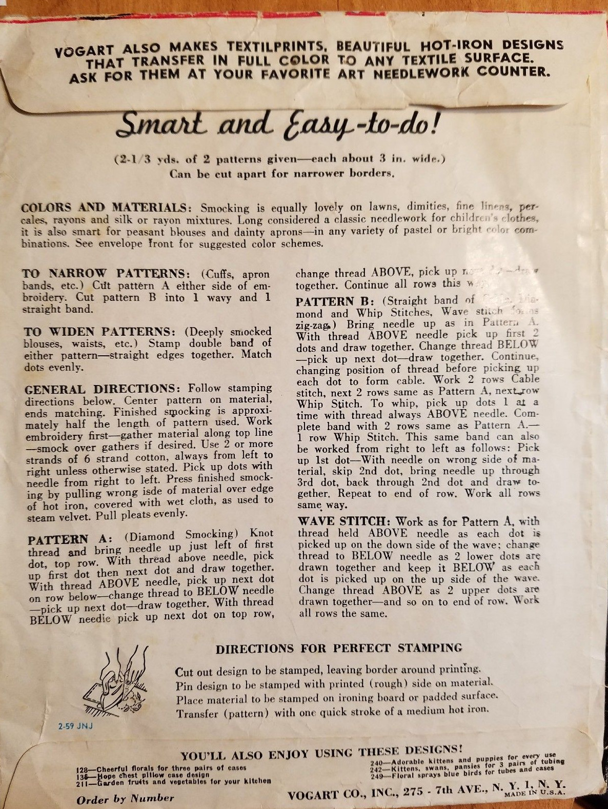 Vogart Transfer Pattern Smocking Borders for Dresses Aprons 173 Uncut