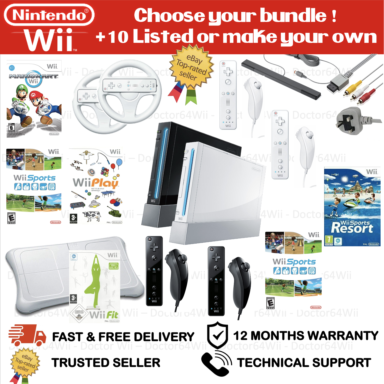 NINTENDO WII CONSOLE - CHOOSE YOUR BUNDLE - BLACK / WHITE