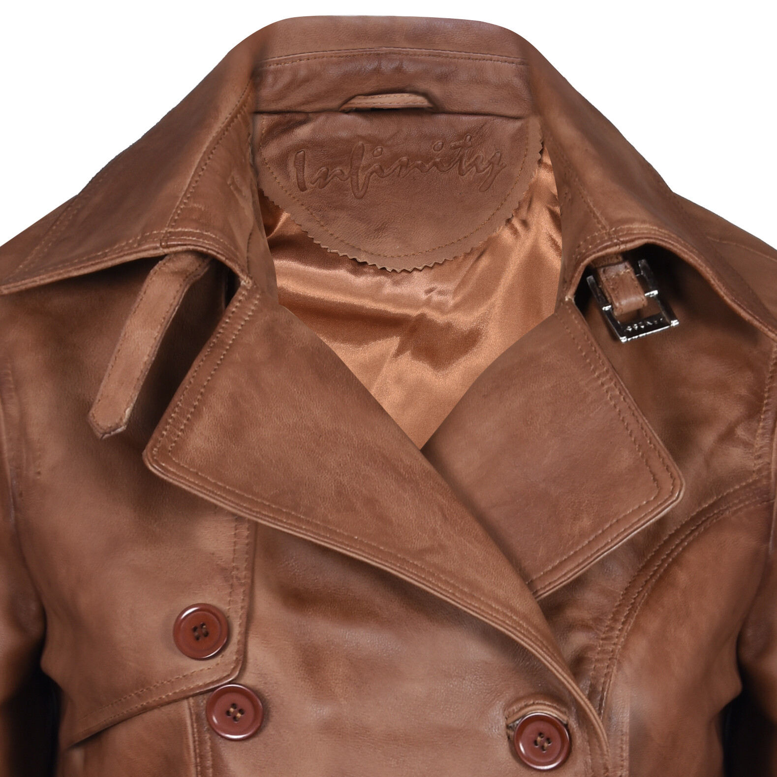 Pre-owned Infinity Ladies Leather Trench Coat Tan Mid-length Coat Classic Leather Jacket In Brown