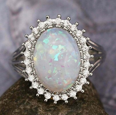 4.00Ct Oval Cut Fire Opal Diamond Halo Engagement Ring 14K White Gold Finish