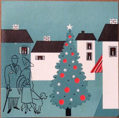 Vintage Christmas Card UNUSED MCM Village Square Houses Lady Dress Man Poodle