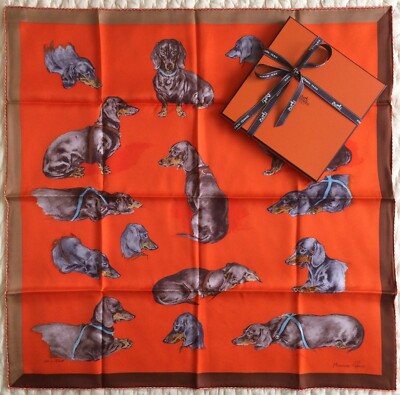 NWT~HERMES~Les Bassets~Poret~100% Silk~Carre~Scarf~Orange~70cm~Box~France