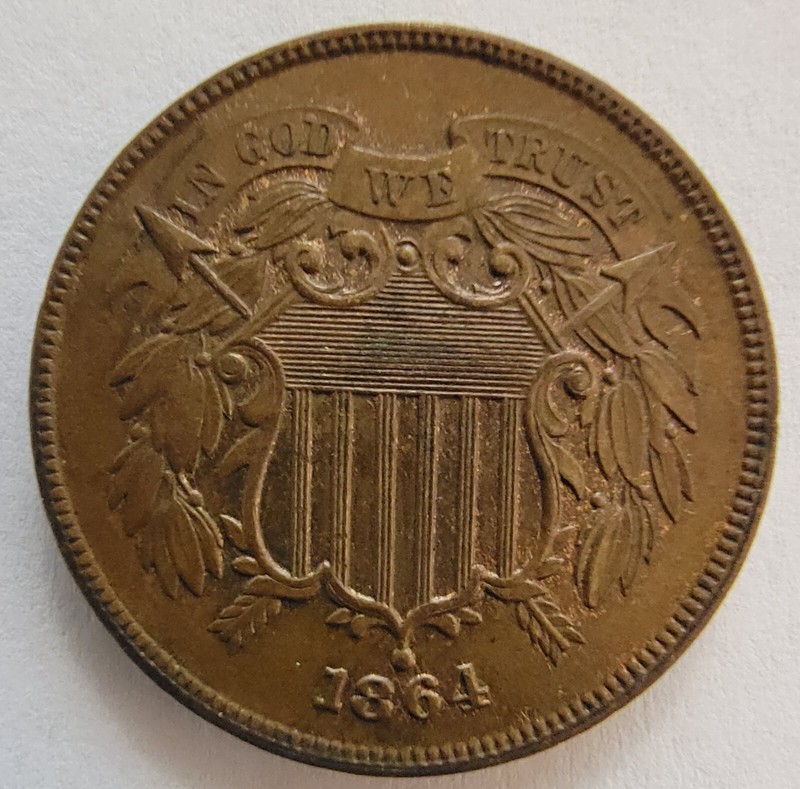 1864 Shield Two Cent Coin Circulated and Uncertified